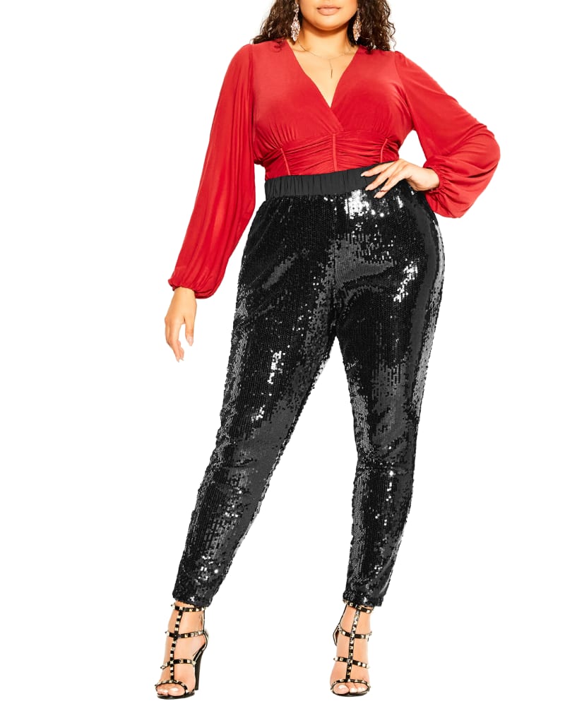 Front of a model wearing a size XS PANT SEQUIN PARTY in Black by City Chic. | dia_product_style_image_id:243368